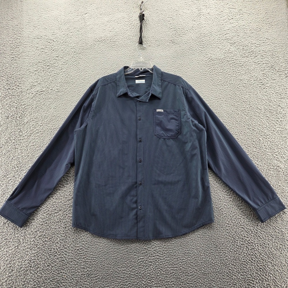 Columbia Mens Long Sleeve Button Down Performance‎ Shirt XL Gray Blue Stripe